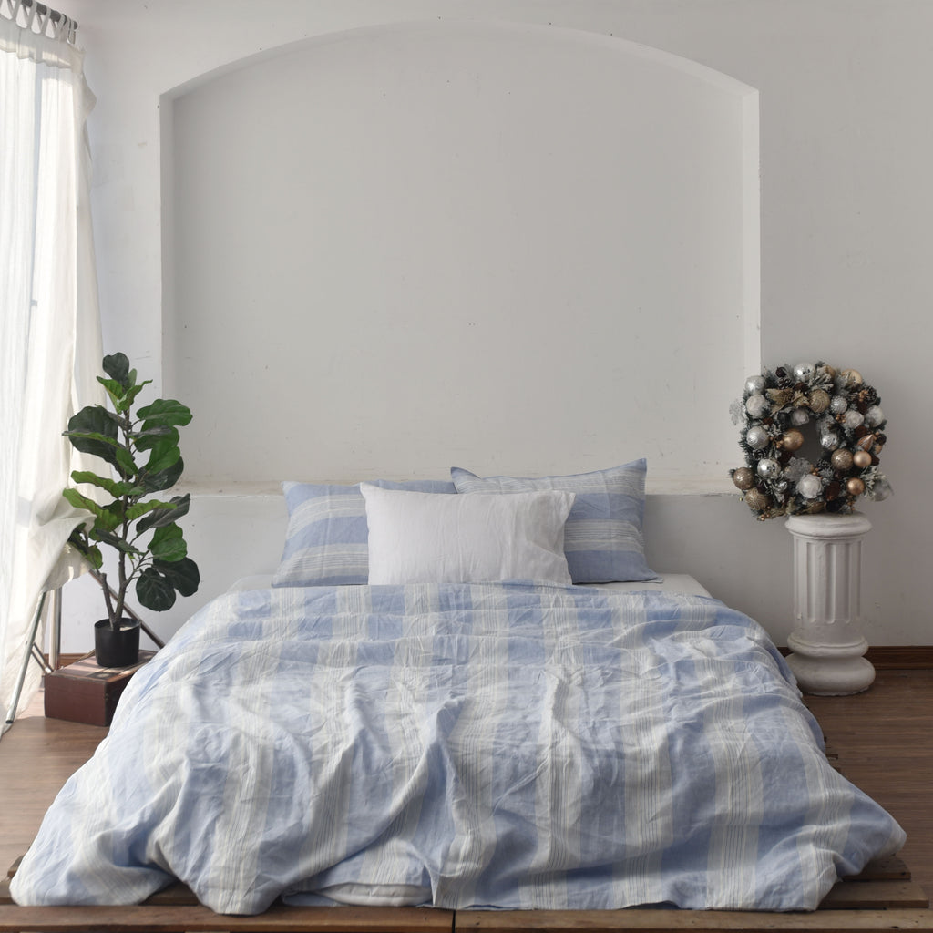 Blue Striped French Linen Bedding Sets (4 pieces)  - Yarn Dyeing