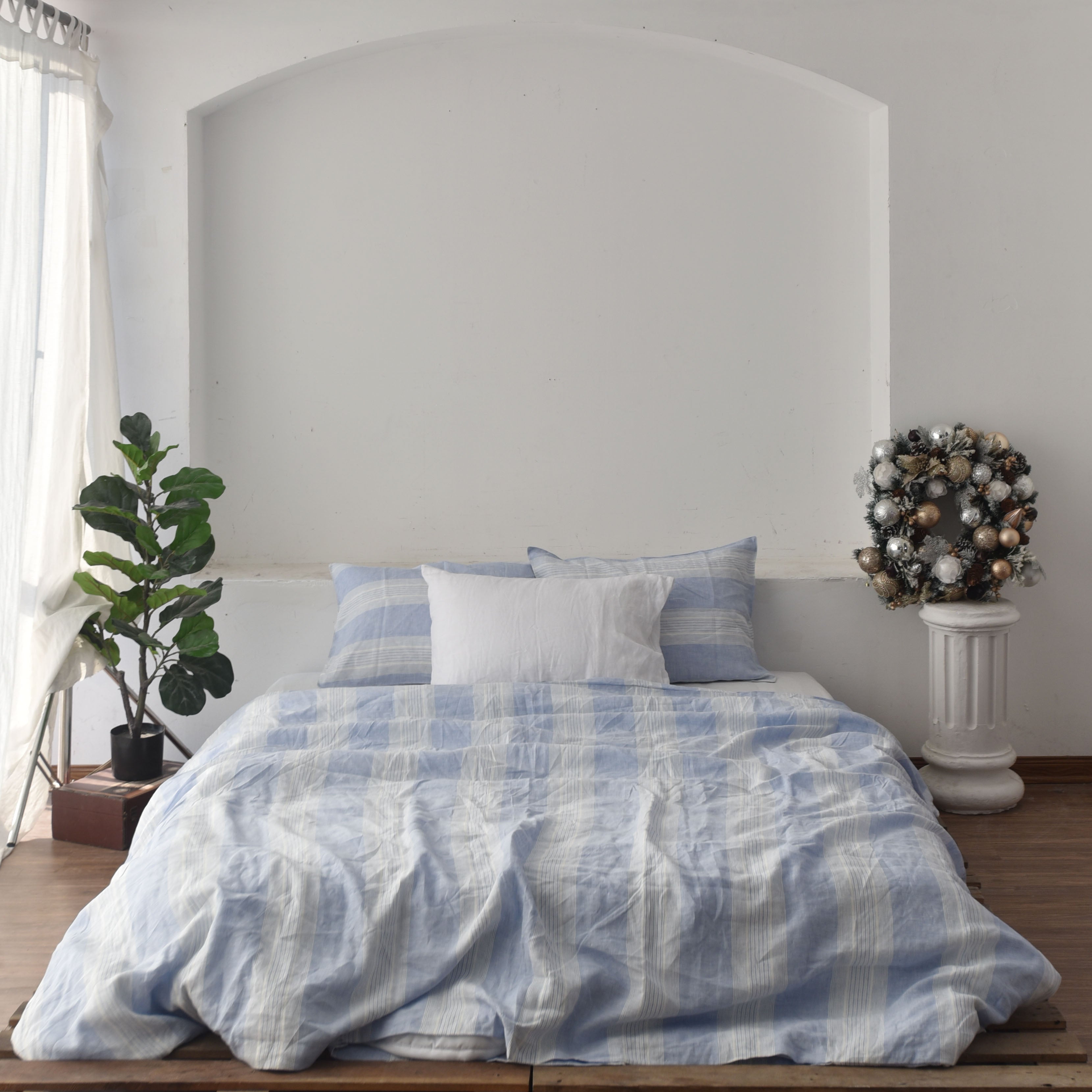 Blue Striped French Linen Bedding Sets (4 pieces)  - Yarn Dyeing