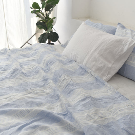 Blue Striped French Linen Duvet Cover+2 Pillowcases Set - Yarn Dyeing 60