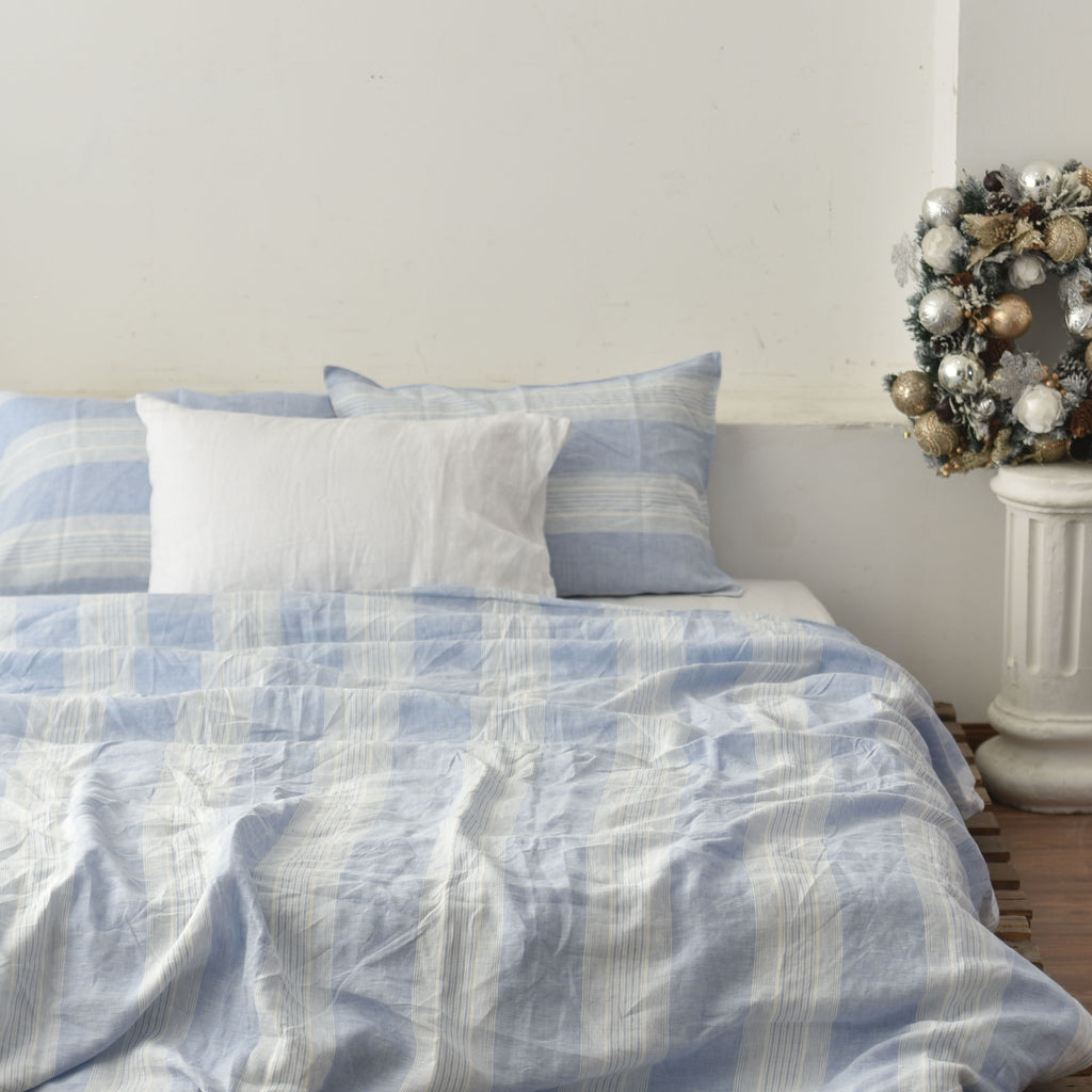 Navy Striped French Linen 4-Piece Duvet Cover Set | Yarn-Dyed | Handmade