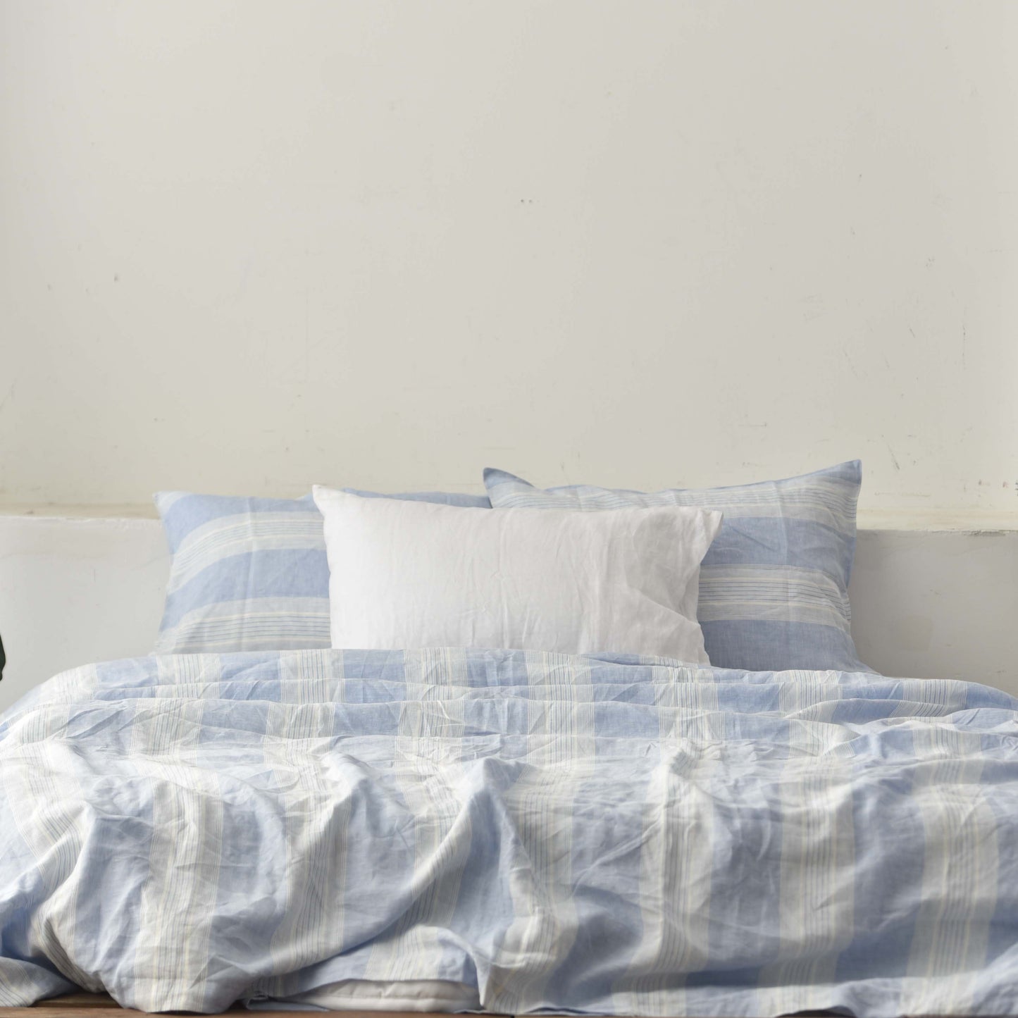 Blue Striped French Linen Duvet Cover+2 Pillowcases Set - Yarn Dyeing 60