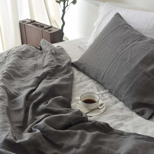 Charcoal French Linen Duvet Cover - Plain Dyeing 19
