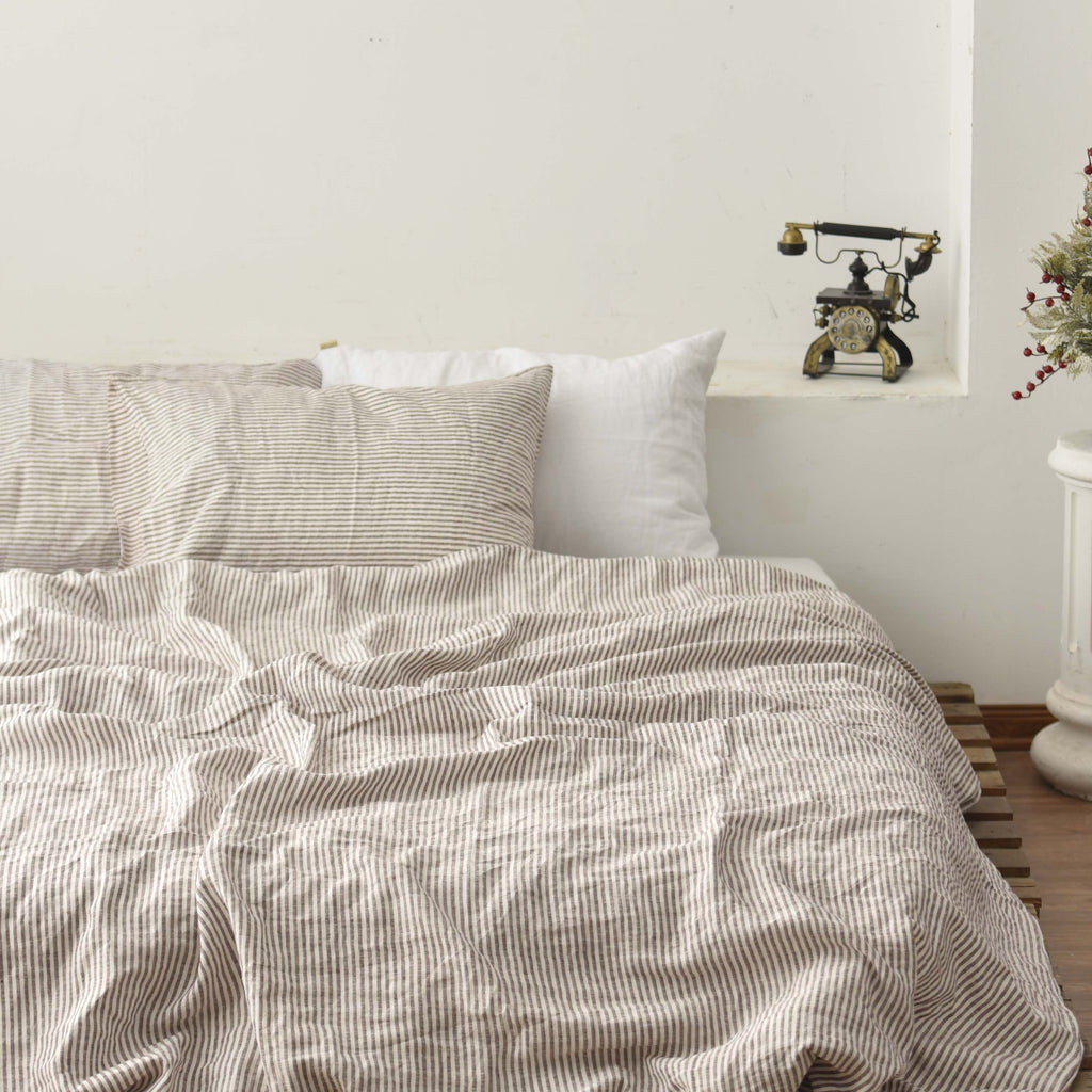 Coffee Striped French Linen Duvet Cover+2 Pillowcases Set - Yarn Dyeing 51