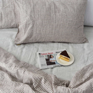 Coffee Striped French Linen Bedding Sets (4 pieces) - Yarn Dyeing