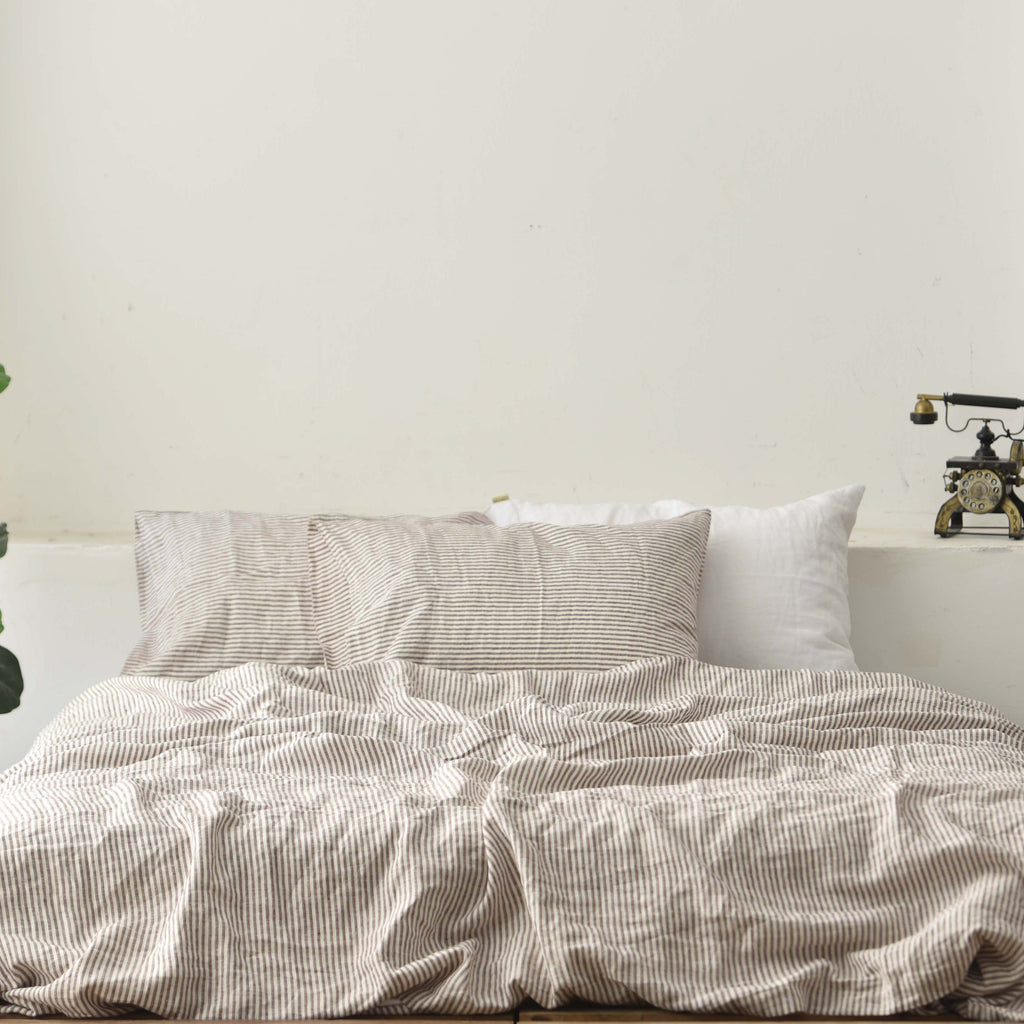 Coffee Striped French Linen Duvet Cover+2 Pillowcases Set - Yarn Dyeing 51