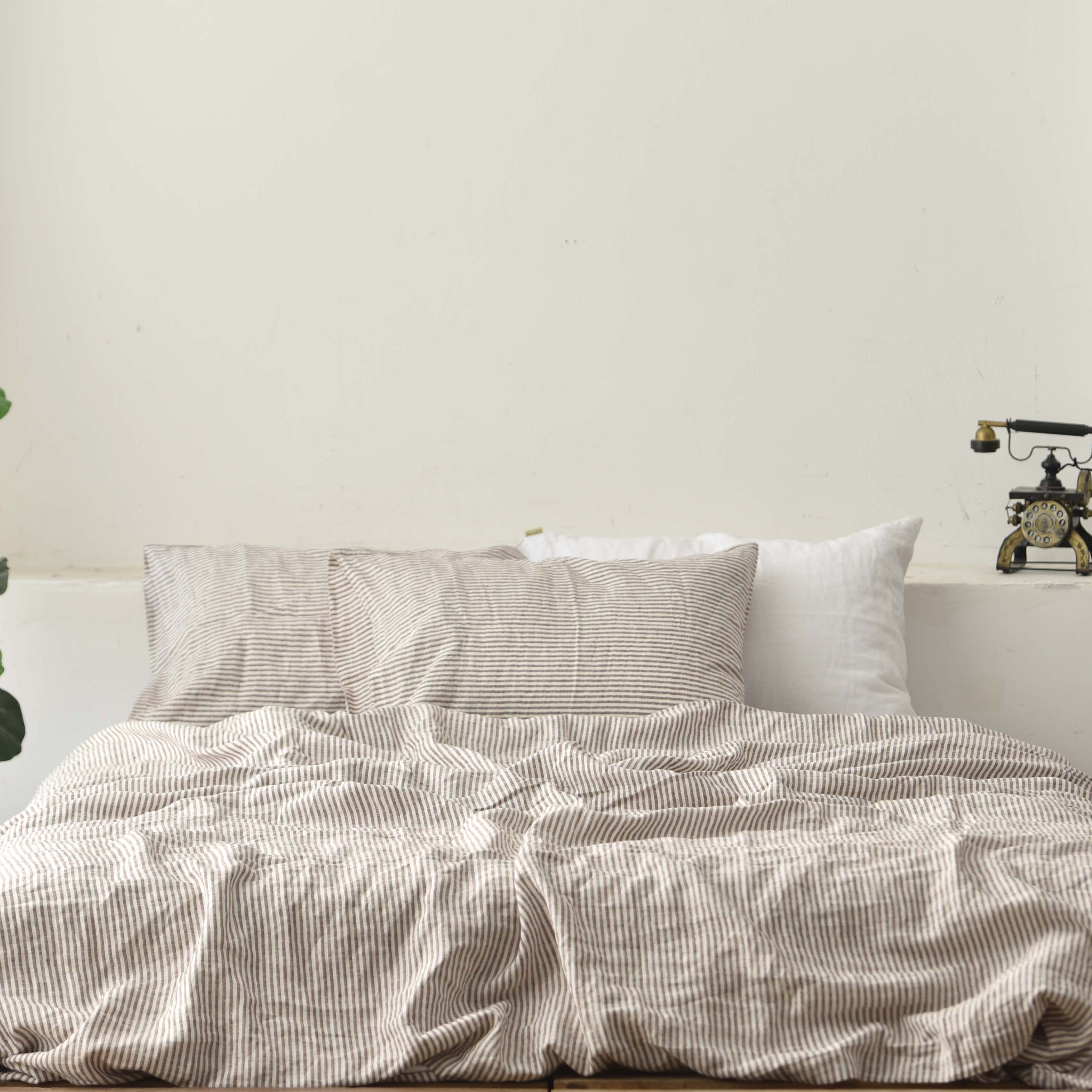 Coffee Striped French Linen Duvet Cover+2 Pillowcases Set - Yarn Dyeing 51