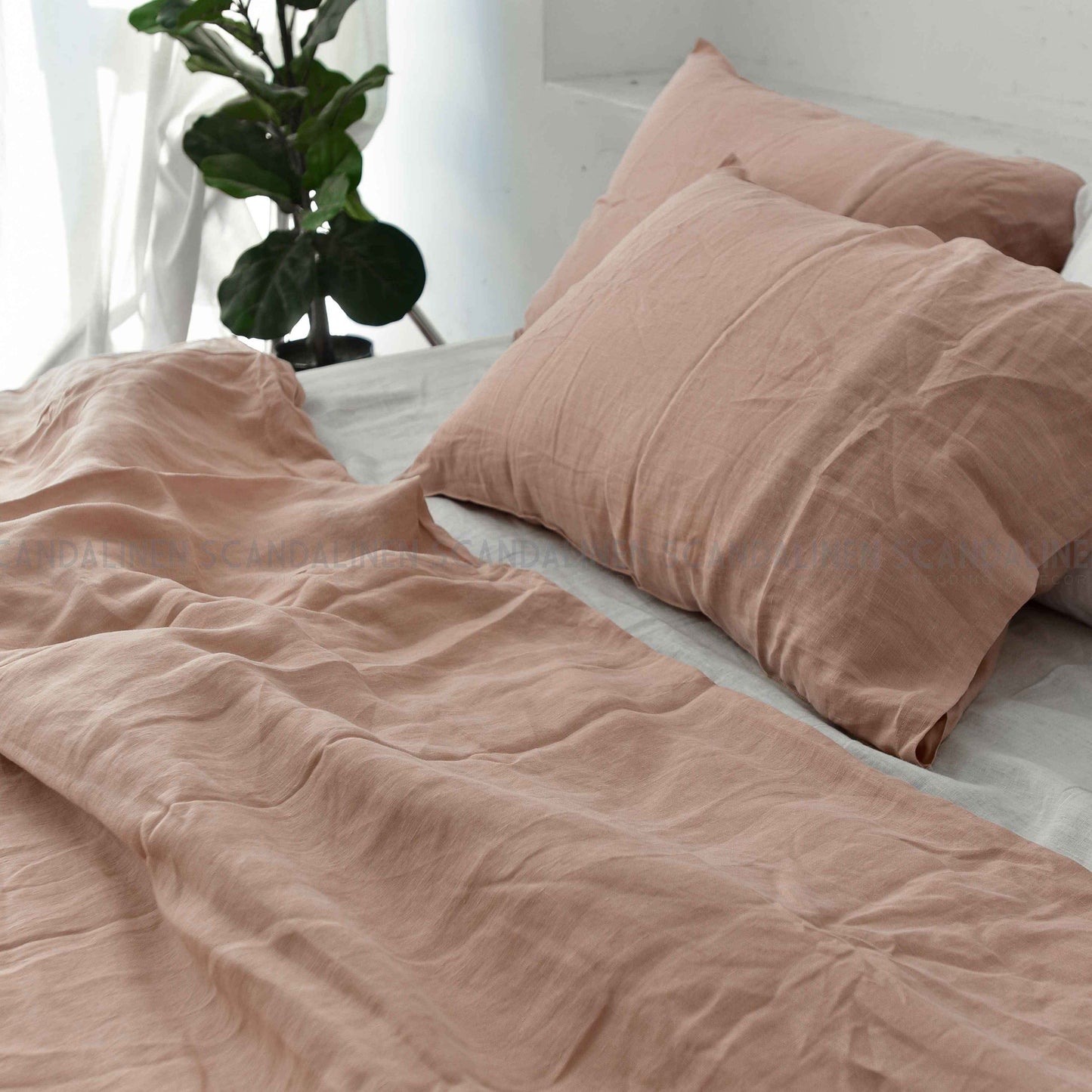 Dusty Pink French Linen Fitted Sheet + 2 Pillowcases Set - Plain Dyeing 33