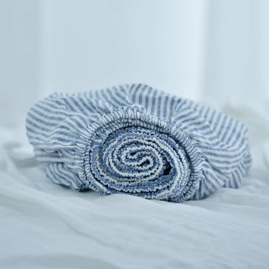 Navy Striped French Linen Fitted Sheet - Yarn Dyeing 50