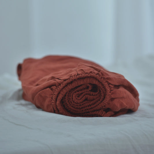 Red French Linen Fitted Sheet - Plain Dyeing 27