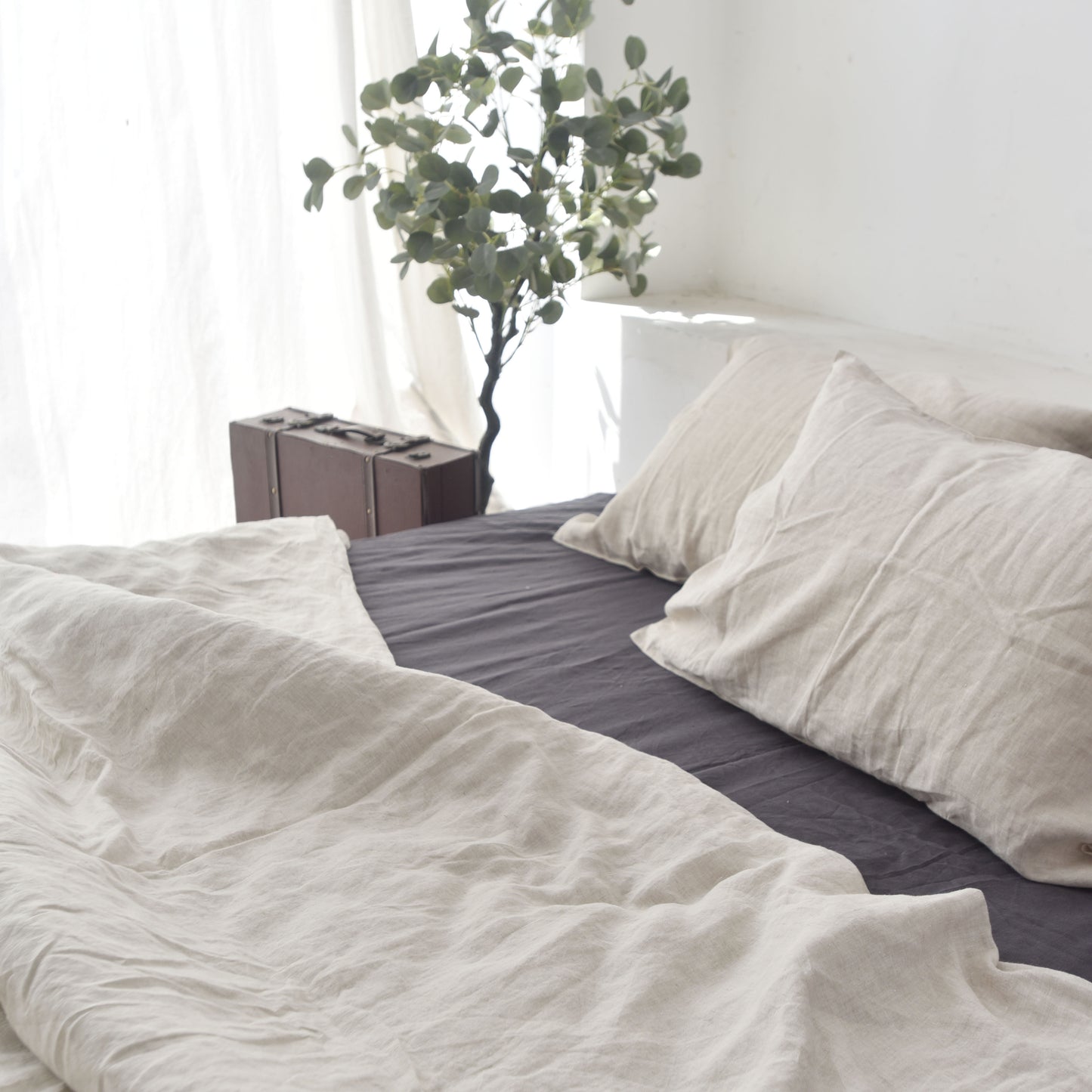 Flax French Linen Duvet Cover+2 Pillowcases Set - Plain Dyeing 07
