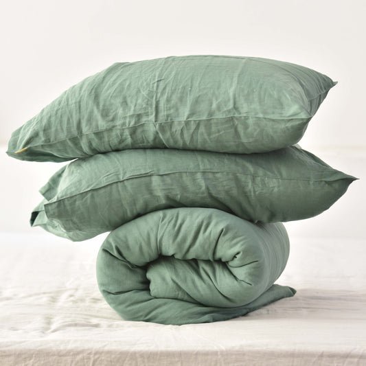 Green French Linen Duvet Cover+2 Pillowcases Set - Plain Dyeing 25