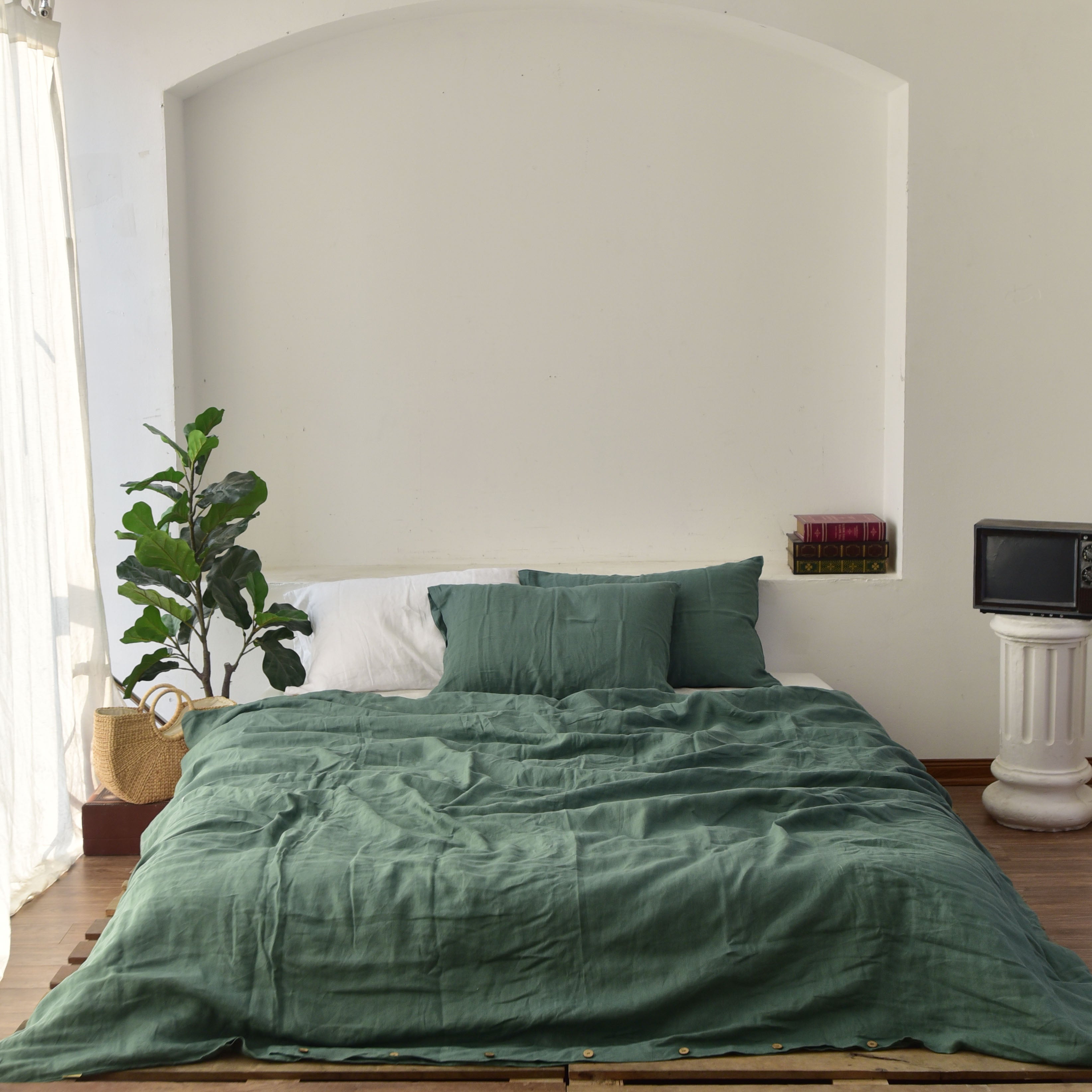 Green French Linen Fitted Sheet - Plain Dyeing 25