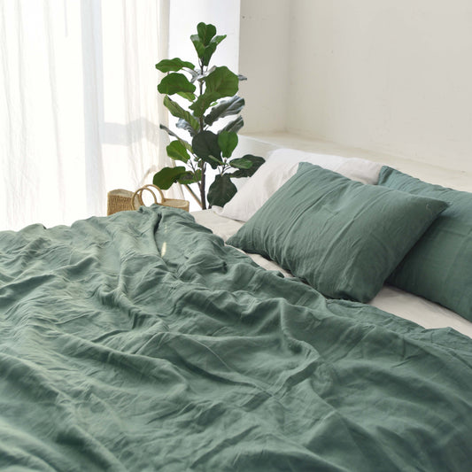 Green French Linen Bedding Sets (4 pieces) - Plain Dyeing