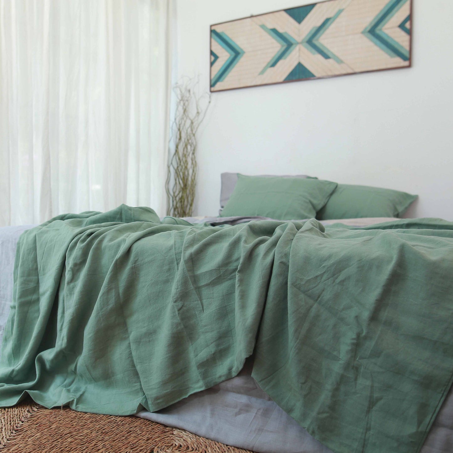 Green French Linen Duvet Cover+2 Pillowcases Set - Plain Dyeing 25