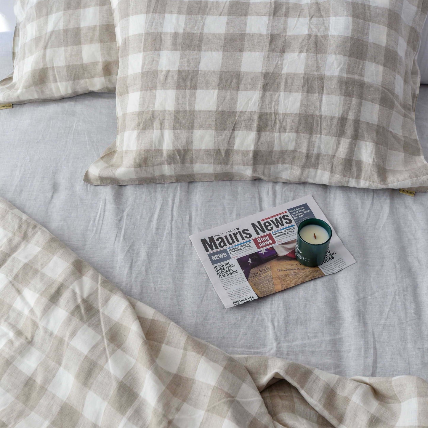 Grid French Linen Duvet Cover+2 Pillowcases Set - Yarn Dyeing 58