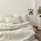 Ivory Striped French Linen Duvet Cover+2 Pillowcases Set - Yarn Dyeing 64
