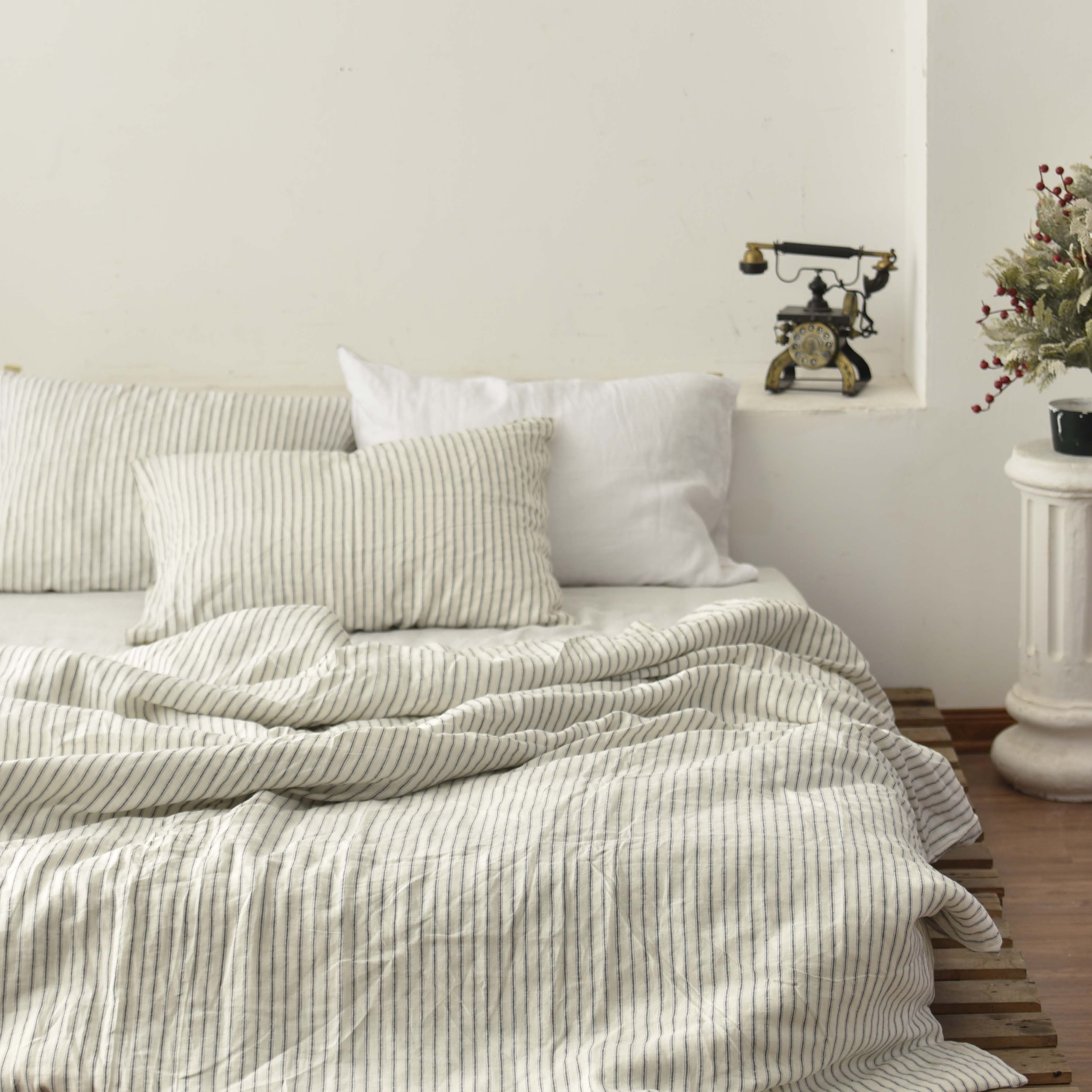 Navy Striped French Linen 4-Piece Duvet Cover Set | Yarn-Dyed | Handmade