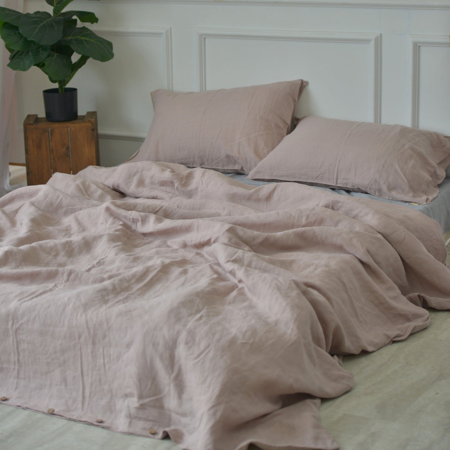 Light Brown French Linen Duvet Cover+2 Pillowcases Set - Plain Dyeing 17