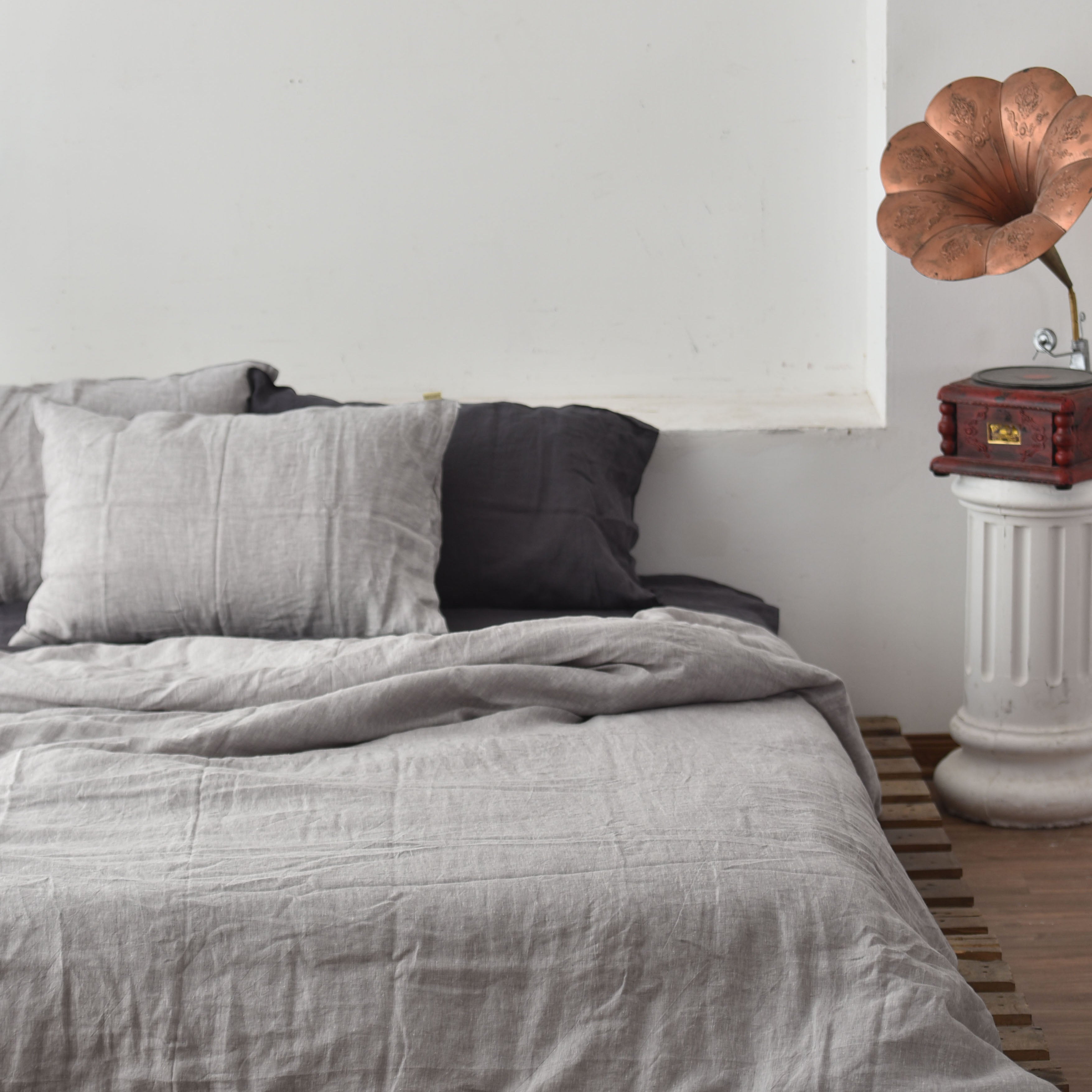 Light Gray French Linen Duvet Cover+2 Pillowcases Set - Yarn Dyeing 46