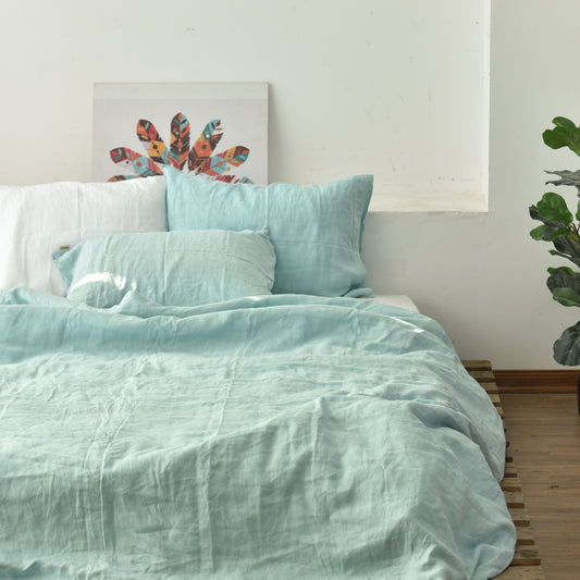 Mint French Linen Fitted Sheet + 2 Pillowcases Set - Plain Dyeing 32