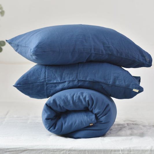 Navy French Linen Duvet Cover+2 Pillowcases Set - Plain Dyeing 12