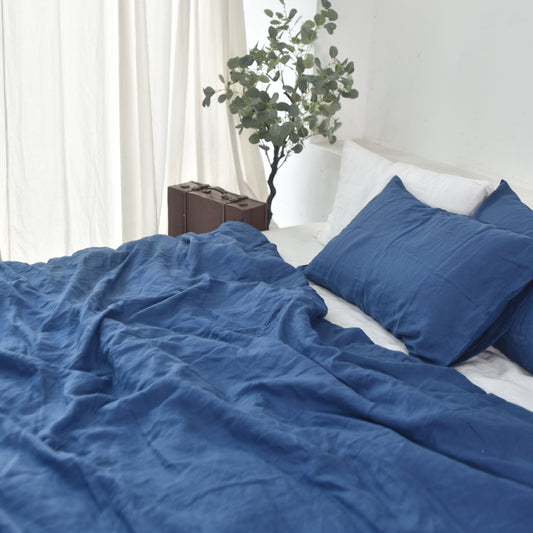 Navy French Linen Bedding Sets (4 pieces) - Plain Dyeing