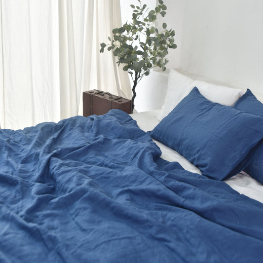 Navy French Linen Duvet Cover+2 Pillowcases Set - Plain Dyeing 12