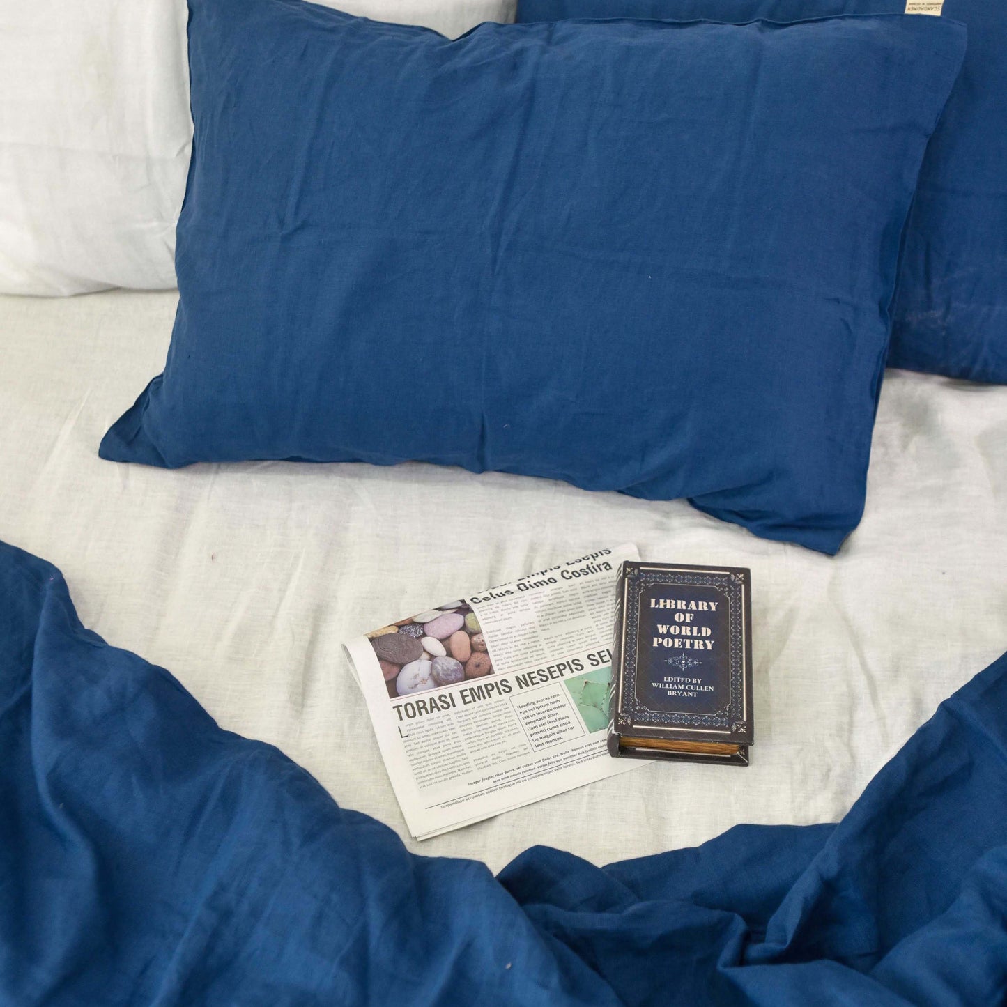 Navy French Linen Duvet Cover+2 Pillowcases Set - Plain Dyeing 12