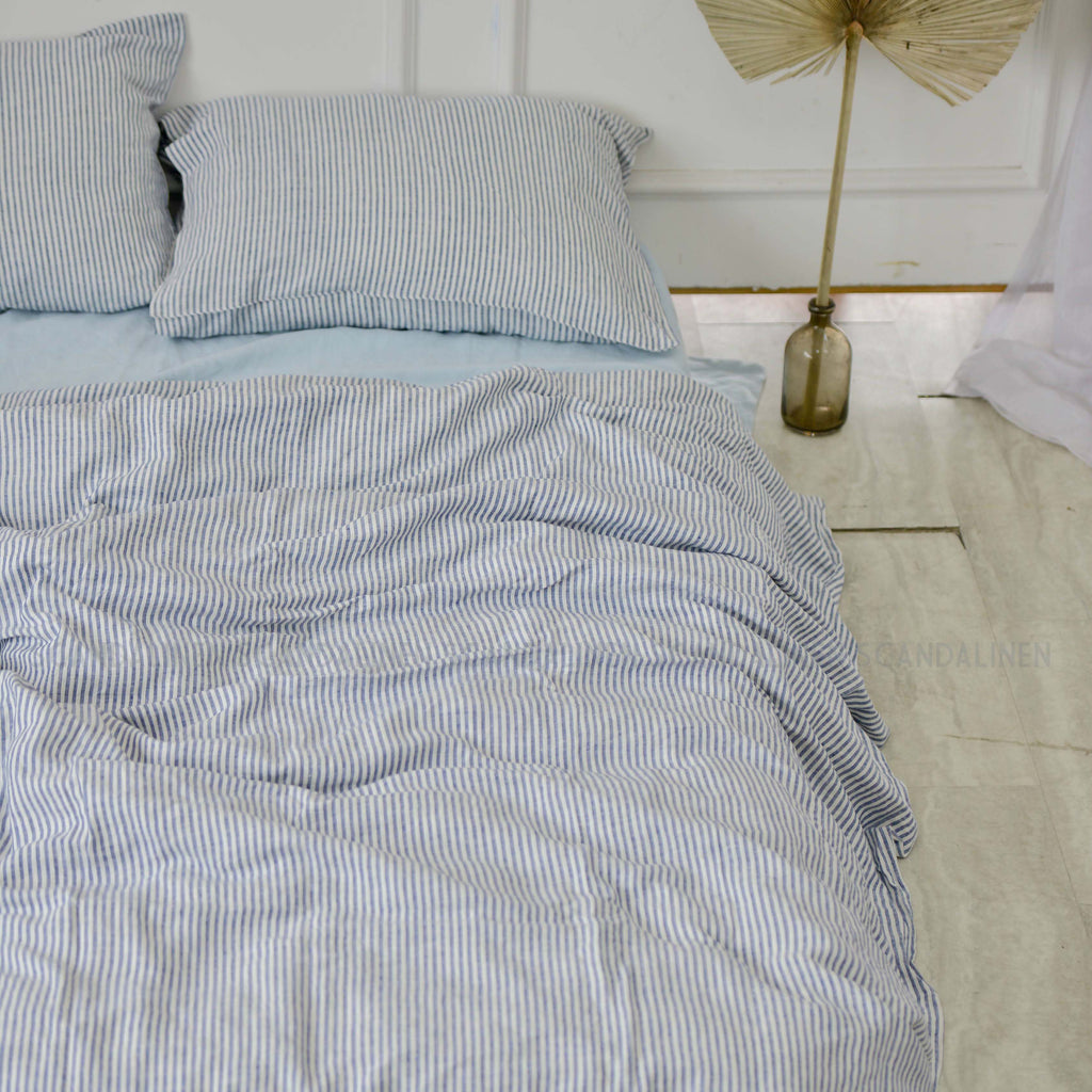 Navy Striped French Linen 4-Piece Duvet Cover Set | Yarn-Dyed | Handmade
