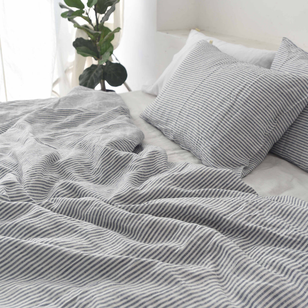 Navy Striped French Linen 4-Piece Duvet Cover Set | Yarn-Dyed | Handmade