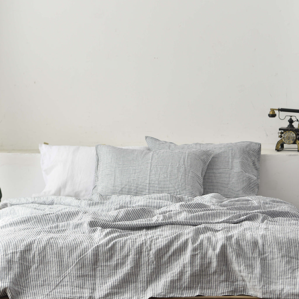 Navy Striped French Linen 4-Piece Duvet Cover Set | Yarn-Dyed | Handmade