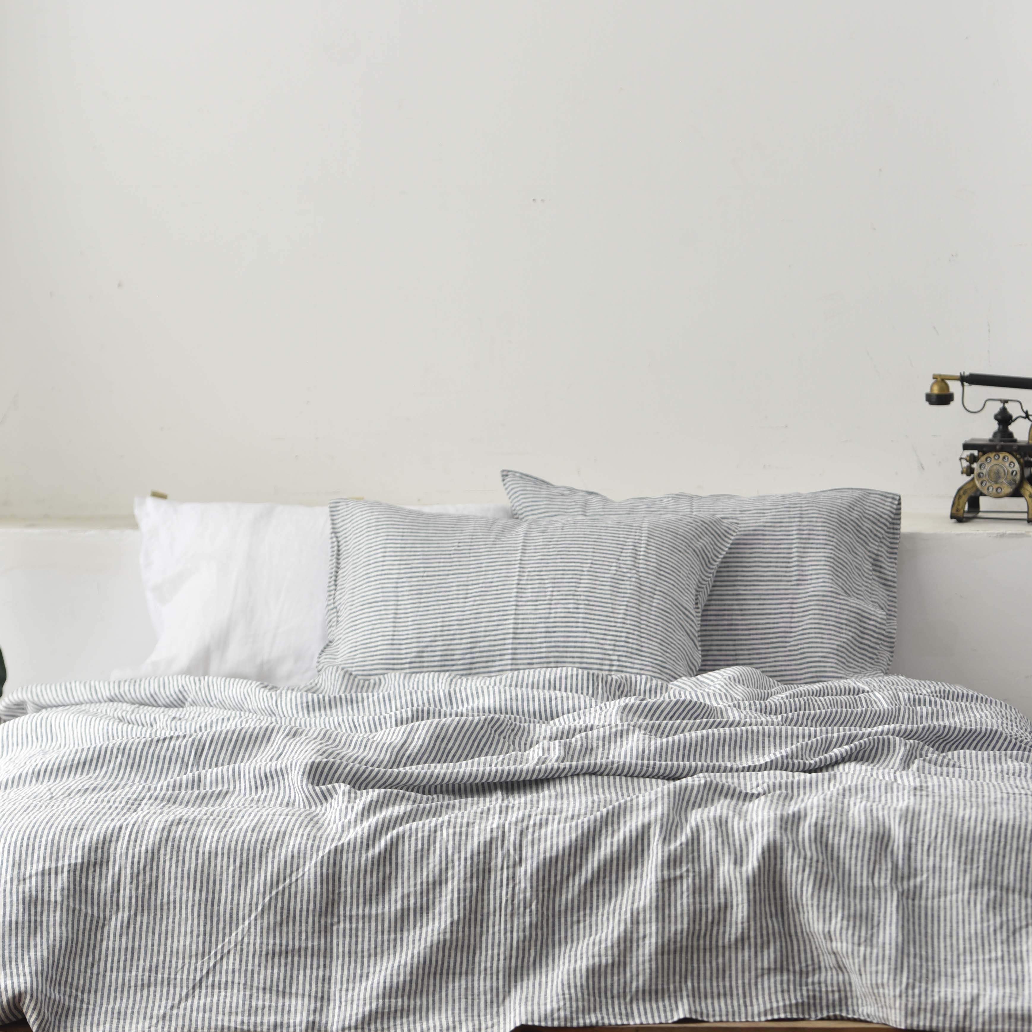 Blue Striped French Linen Bedding Sets (4 pieces)  - Yarn Dyeing