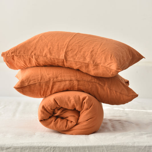 Orange French Linen Duvet Cover+2 Pillowcases Set- Plain Dyeing 37