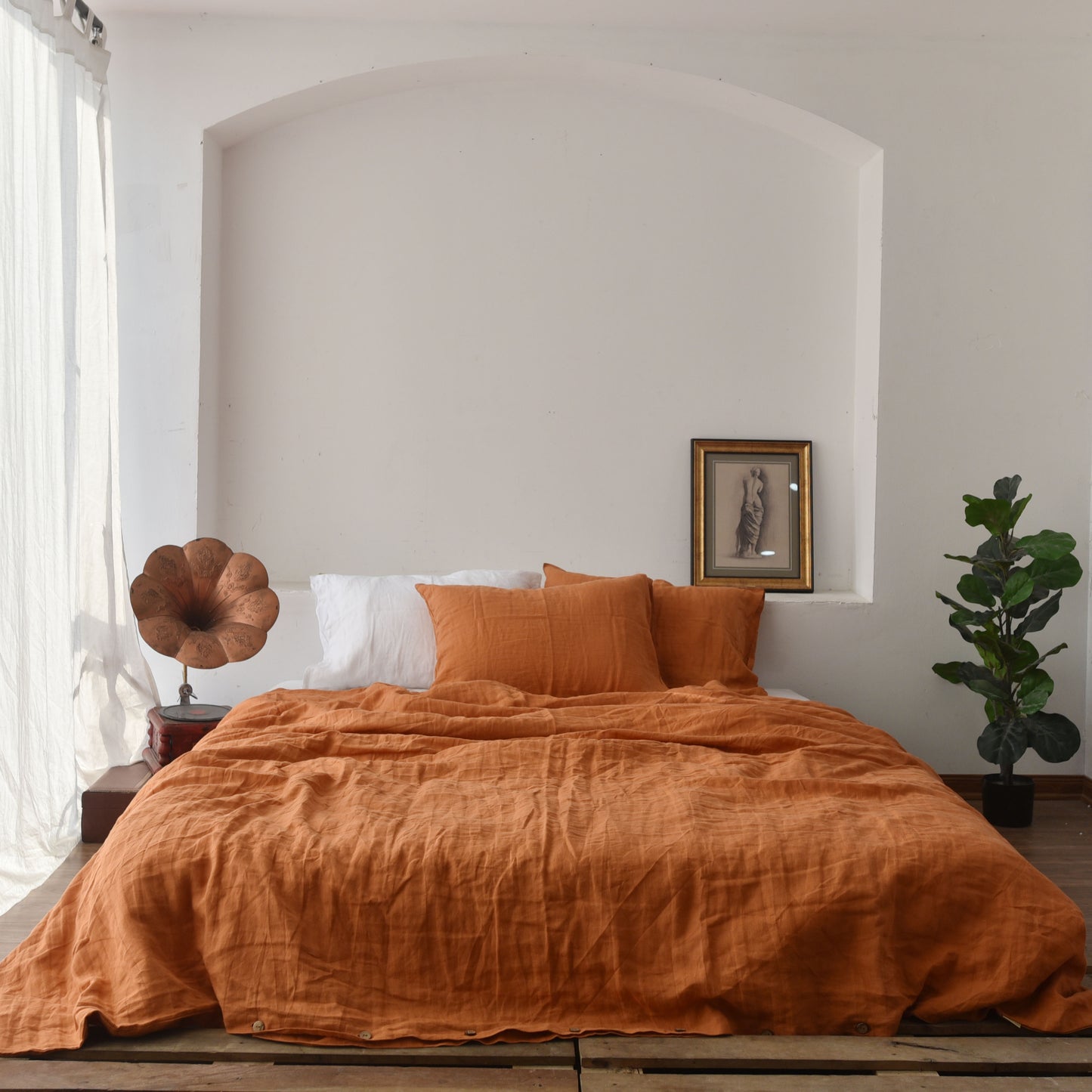 Orange French Linen Fitted Sheet + 2 Pillowcases Set - Plain Dyeing 37