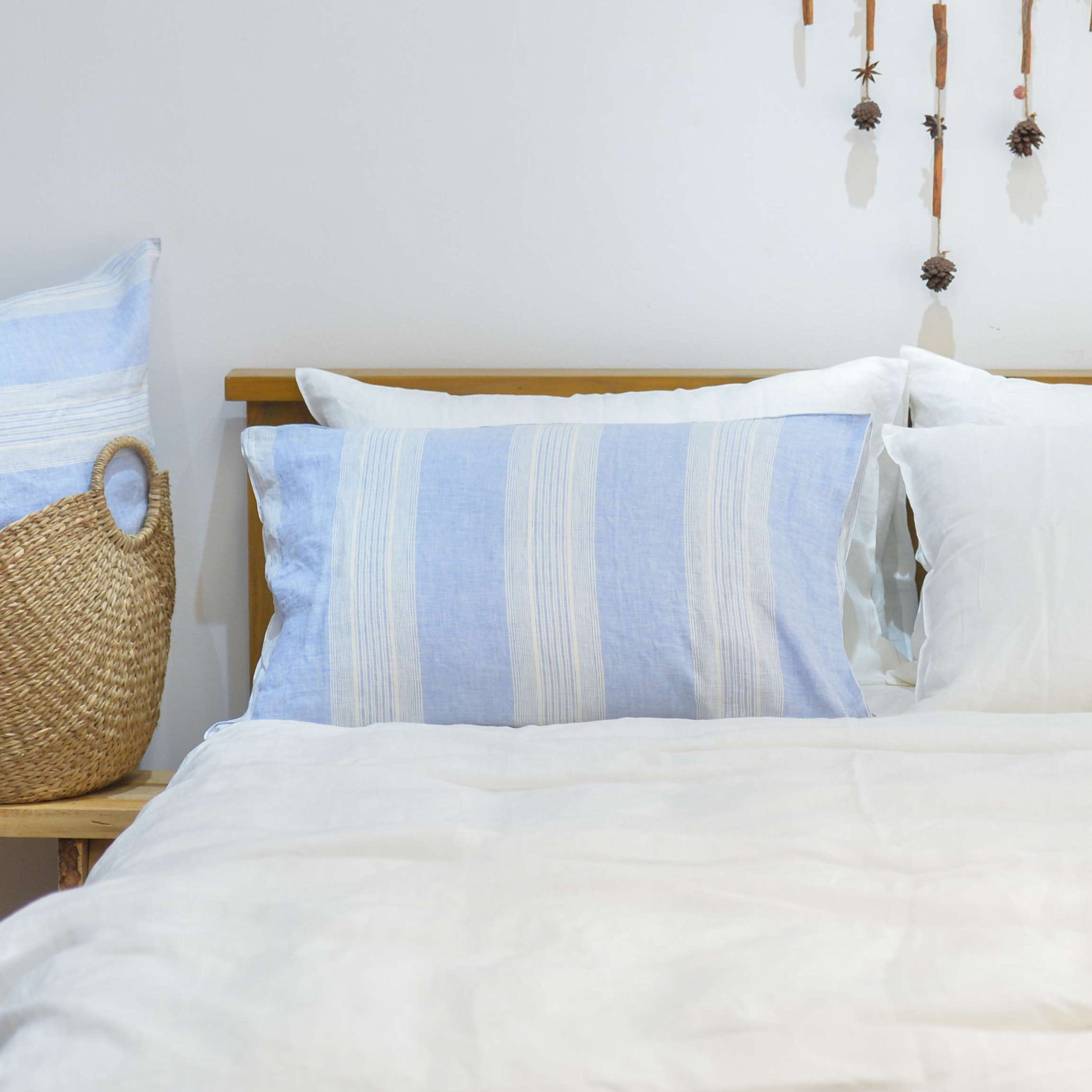 Blue Striped French Linen Pillowcase - Yarn Dyeing 60