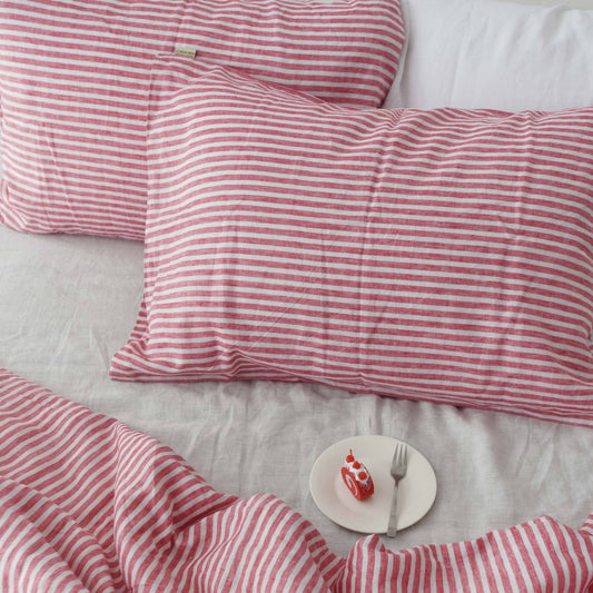 Red Striped French Linen Pillowcase - Yarn Dyeing 52