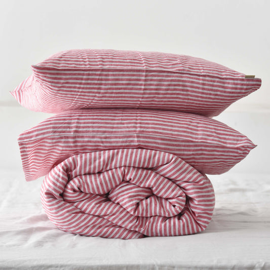 Red Striped French Linen Duvet Cover+2 Pillowcases Set - Yarn Dyeing 52