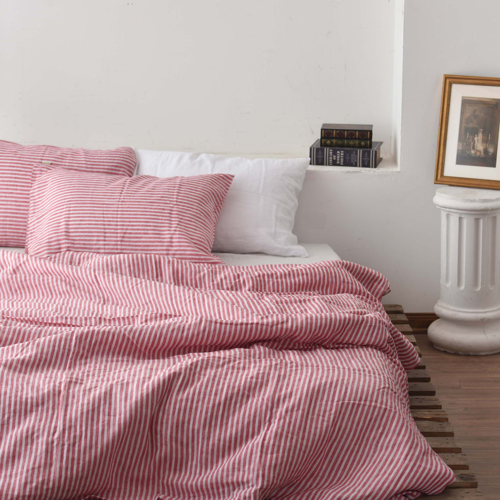 Red Striped French Linen Bedding Sets (4 pieces) - Yarn Dyeing