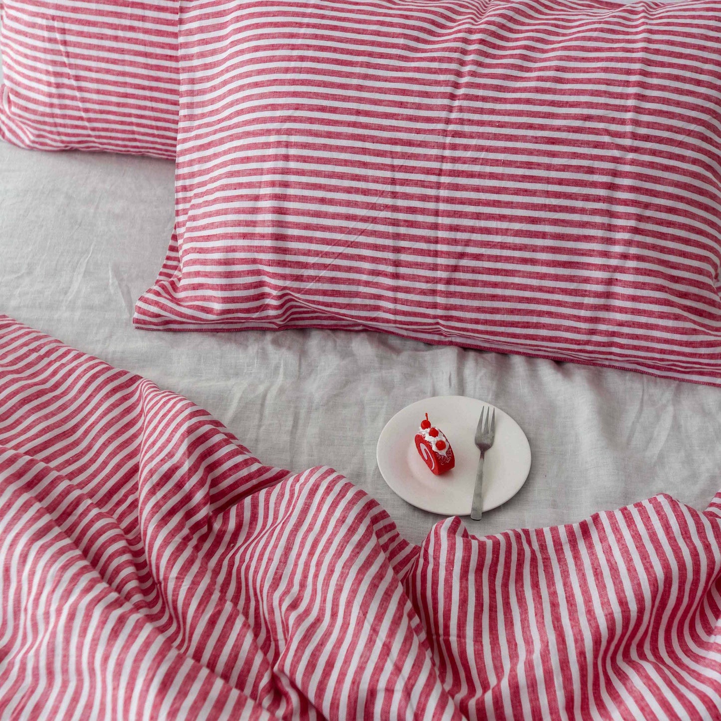 Red Striped French Linen Duvet Cover+2 Pillowcases Set - Yarn Dyeing 52
