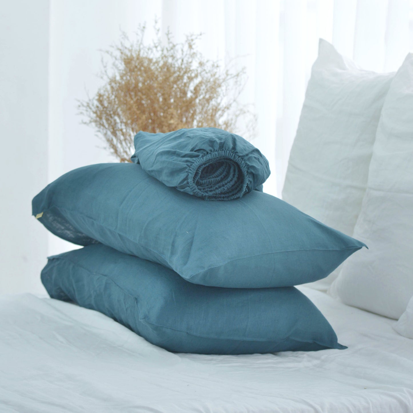 Azure French Linen Fitted Sheet + 2 Pillowcases Set - Plain Dyeing 36