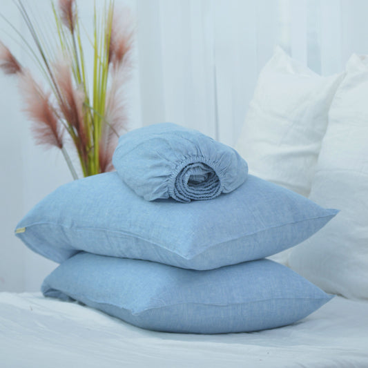 Blue French Linen Fitted Sheet + 2 Pillowcases Set - Yarn Dyeing 42