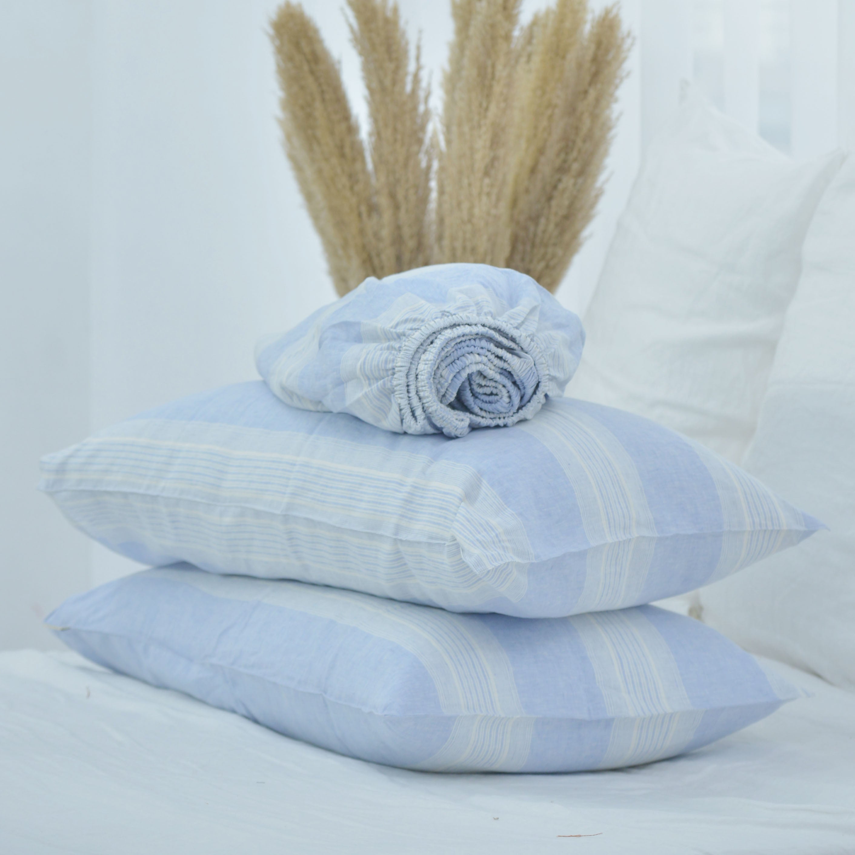 Blue Striped French Linen Fitted Sheet + 2 Pillowcases Set - Yarn Dyeing 60