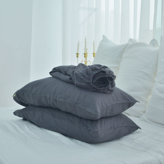 Dark French Linen Fitted Sheet + 2 Pillowcases Set - Plain Dyeing 08