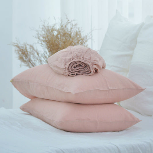 Dusty Pink French Linen Fitted Sheet + 2 Pillowcases Set - Plain Dyeing 33