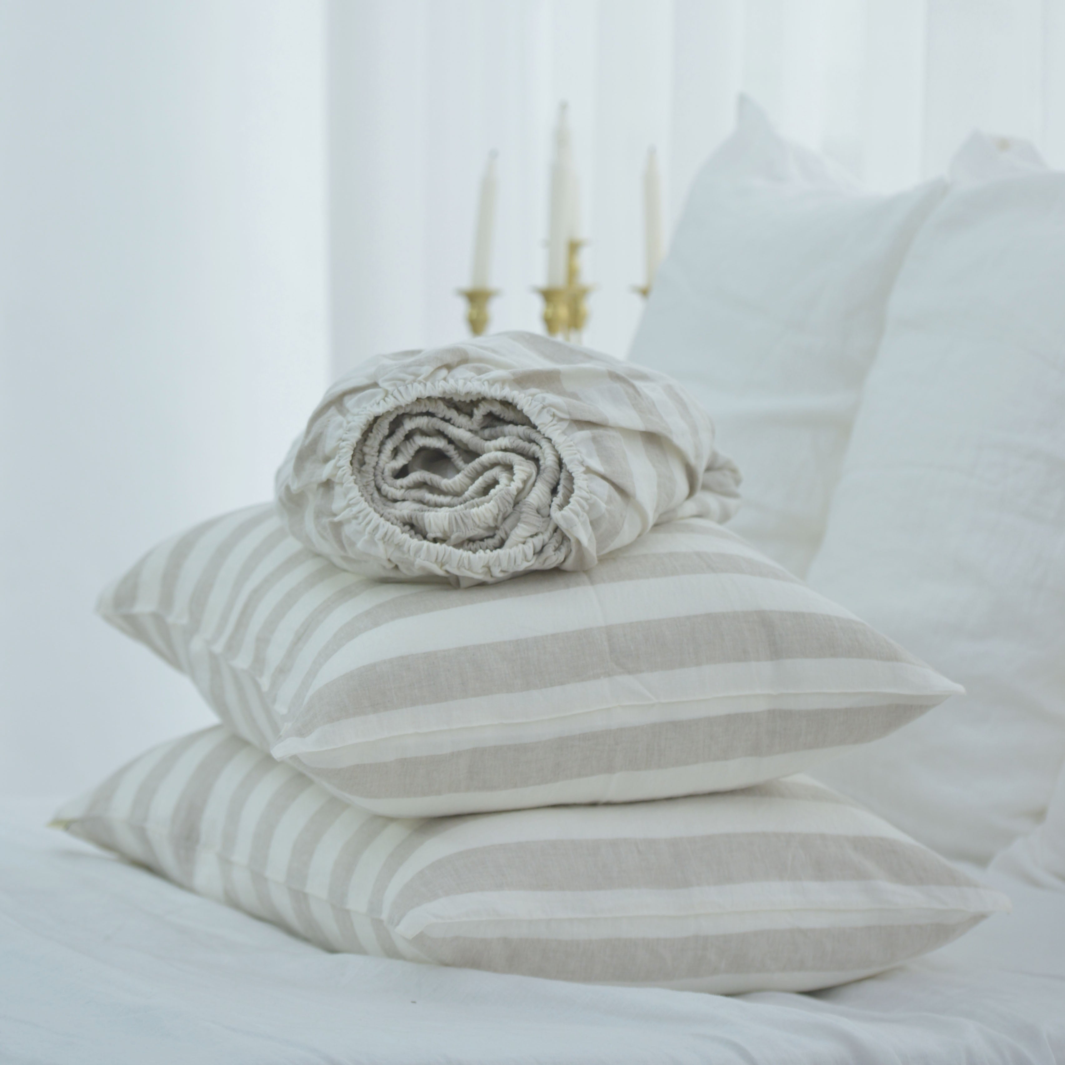 Flax Striped French Linen Fitted Sheet + 2 Pillowcases Set - Yarn Dyeing 57