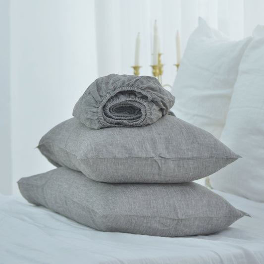 Gray French Linen Fitted Sheet + 2 Pillowcases Set - Yarn Dyeing 40