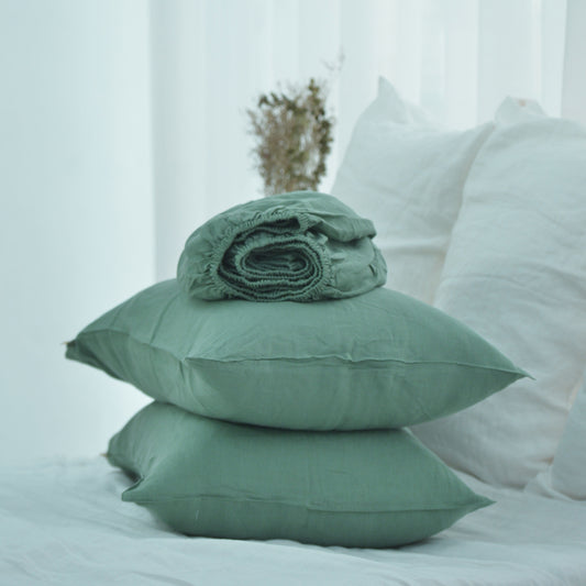 Green French Linen Fitted Sheet + 2 Pillowcases Set - Plain Dyeing 25