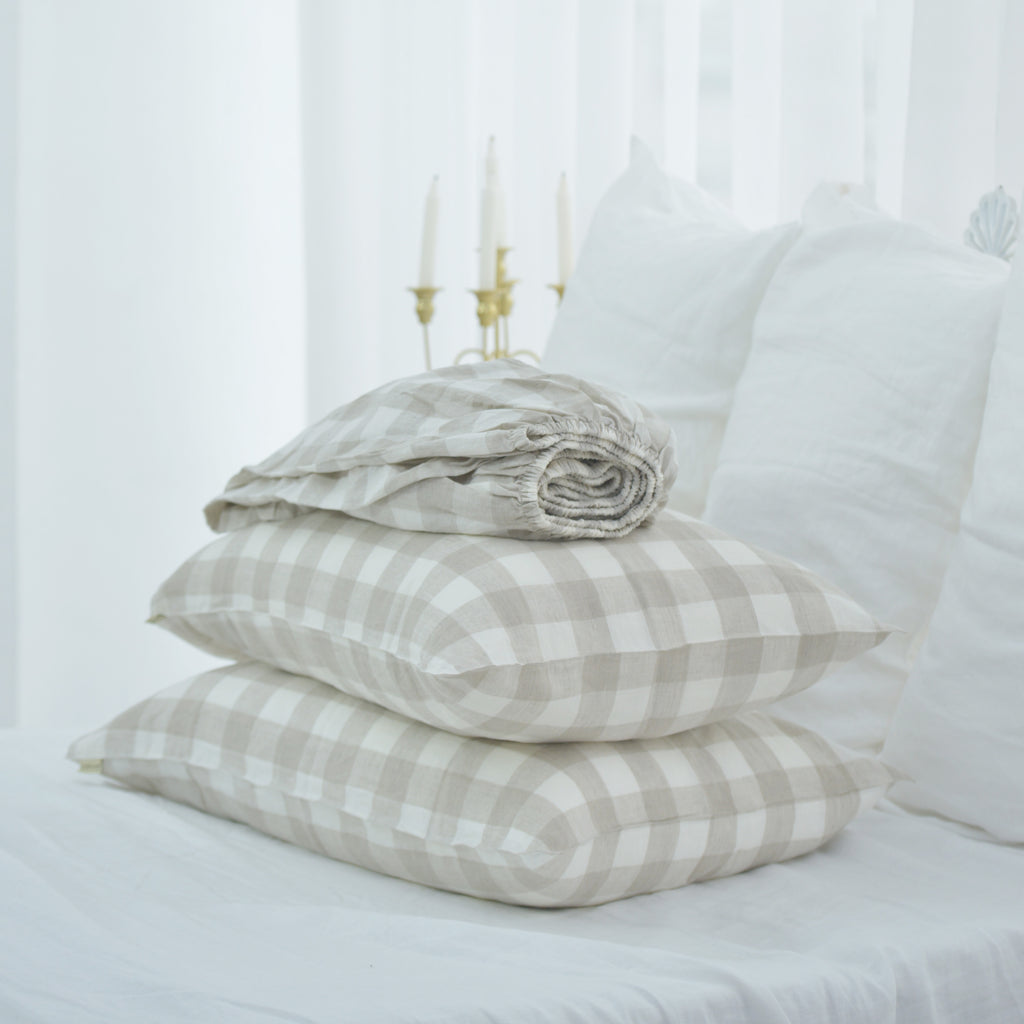 Grid French Linen Fitted Sheet + 2 Pillowcases Set - Yarn Dyeing 58