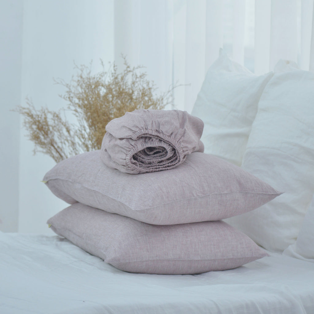 Light Purple French Linen Fitted Sheet + 2 Pillowcases Set - Yarn Dyeing 47