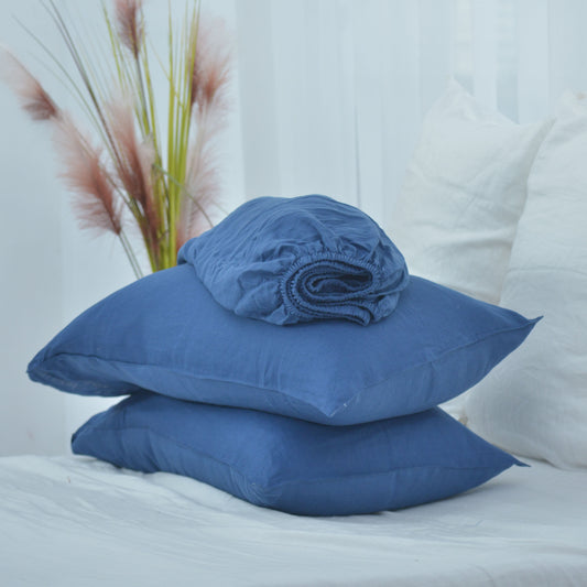 Navy French Linen Fitted Sheet + 2 Pillowcases Set - Plain Dyeing 12